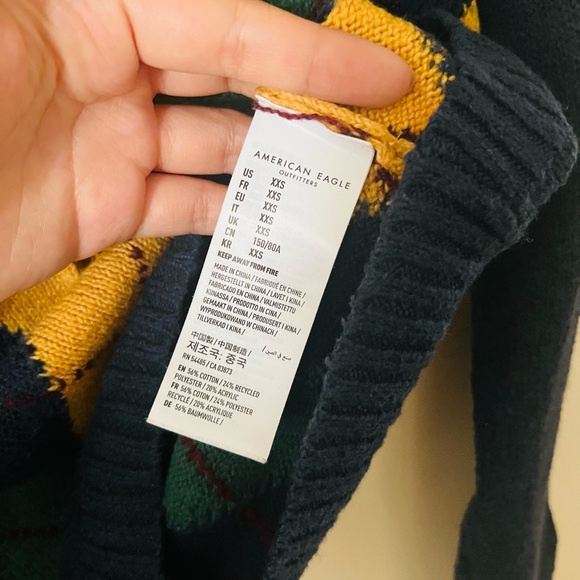 American Eagle Outfitters Navy Crewneck Sweater with Green & Gold Argyle - Picture 3 of 5